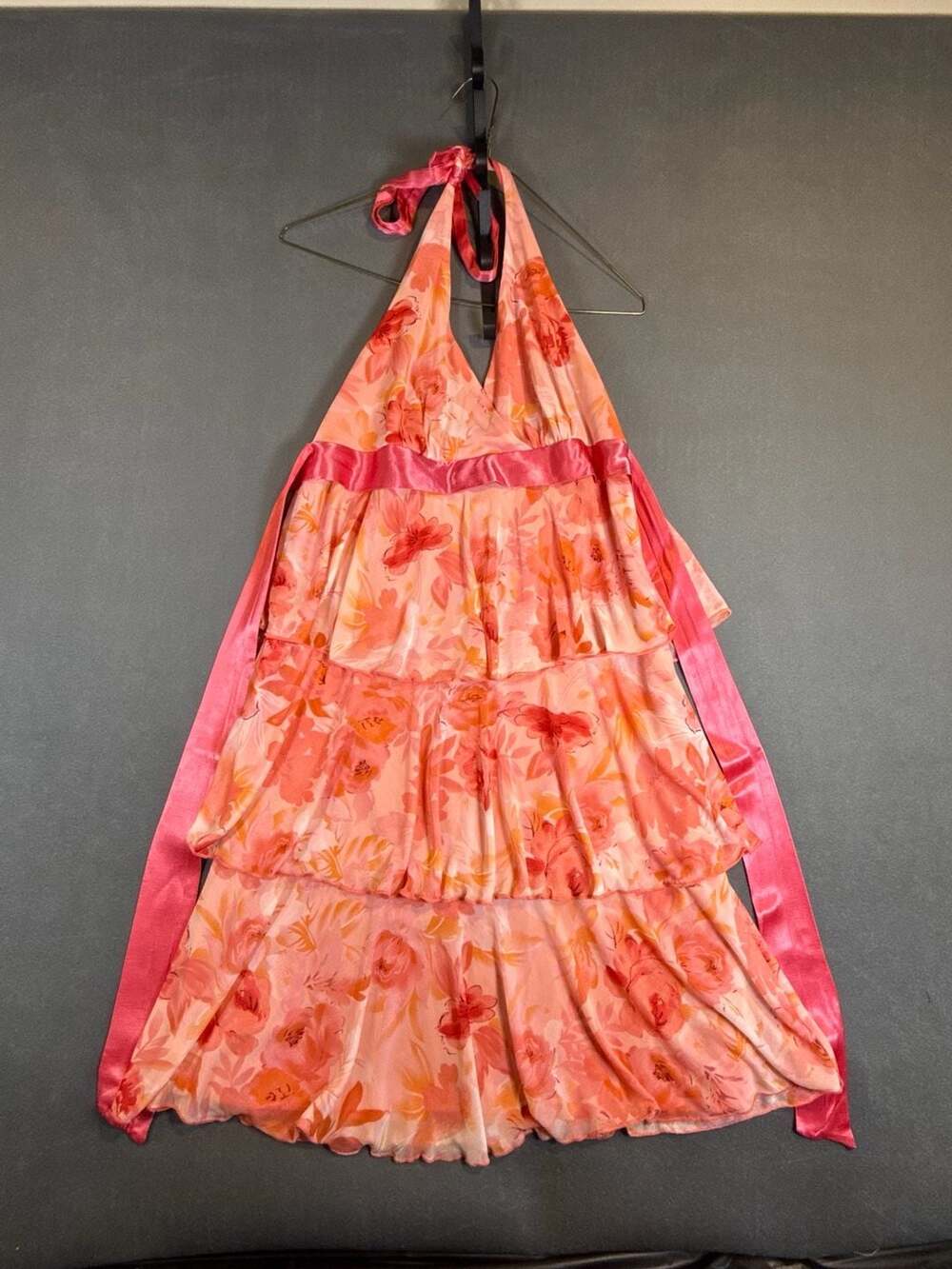 Pink Floral Halter Tiered Ruffle Mini Dress with Satin Sash Y2K Large
